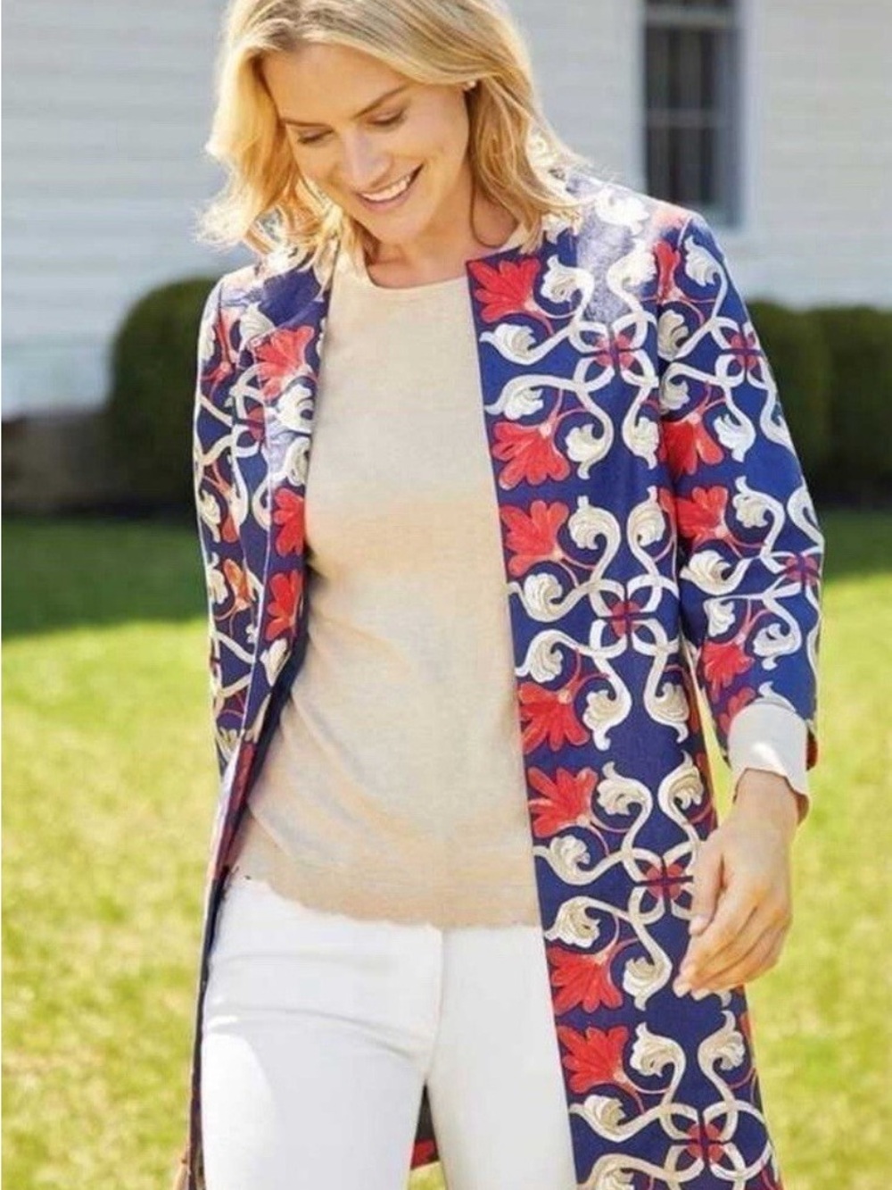 J. MCLAUGHLIN SUSSEX MIDI Jacket Red Navy Floral Canvas Long Line Sz Small NWOT